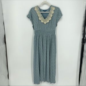 April Cornell short sleeve lace neck floral dress empire waist prairie style L